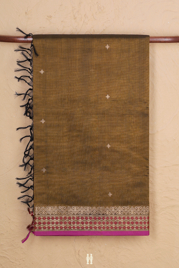 Silk Cotton Saree In Browish Green With Zari Buttis