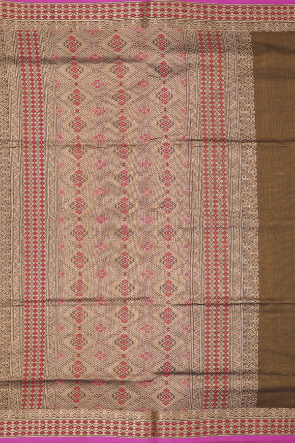 Silk Cotton Saree In Browish Green With Zari Buttis
