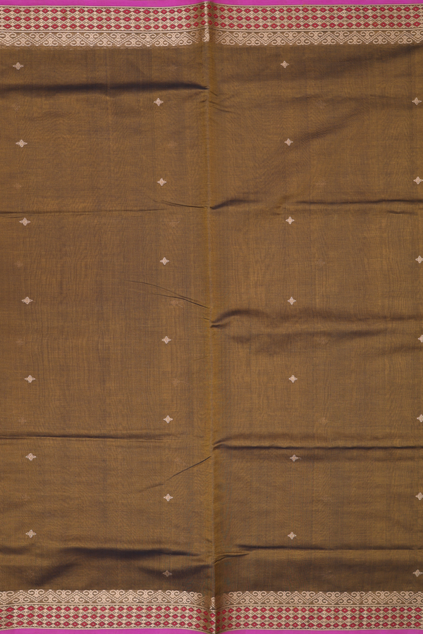 Silk Cotton Saree In Browish Green With Zari Buttis