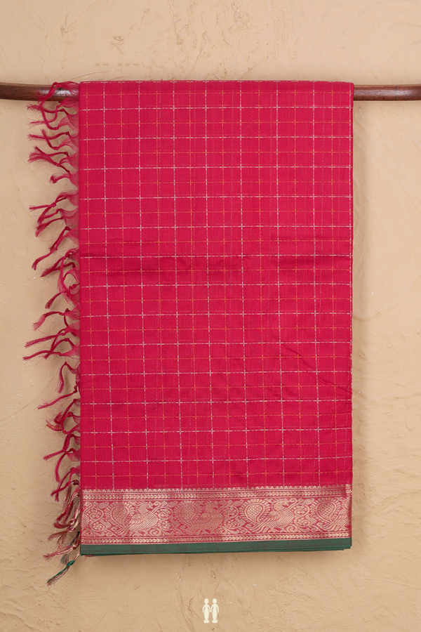Traditional Silk Cotton Saree In Red With Checks Design