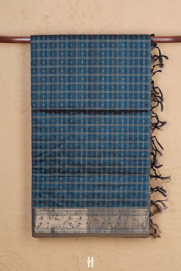 Traditional Silk Cotton Saree Teal Blue With Checks Design