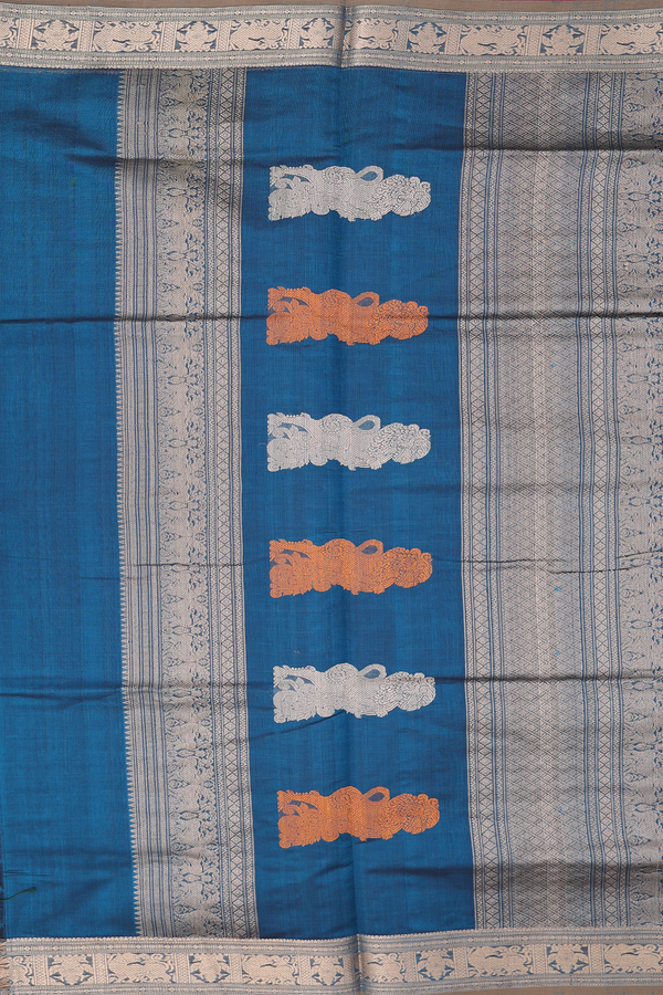 Traditional Silk Cotton Saree Teal Blue With Checks Design