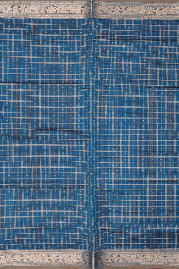 Traditional Silk Cotton Saree Teal Blue With Checks Design