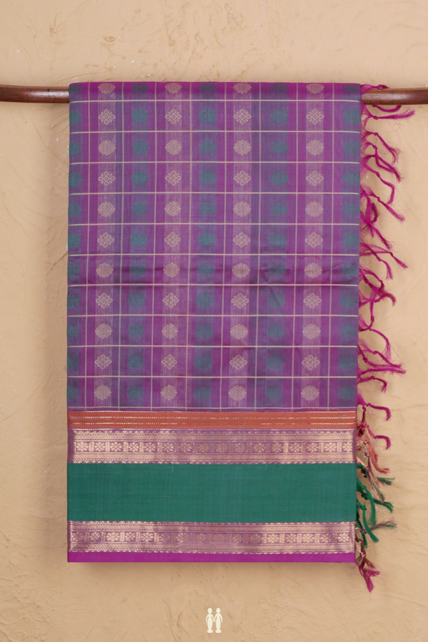 Traditional Silk Cotton Saree In Purple With Checks Design