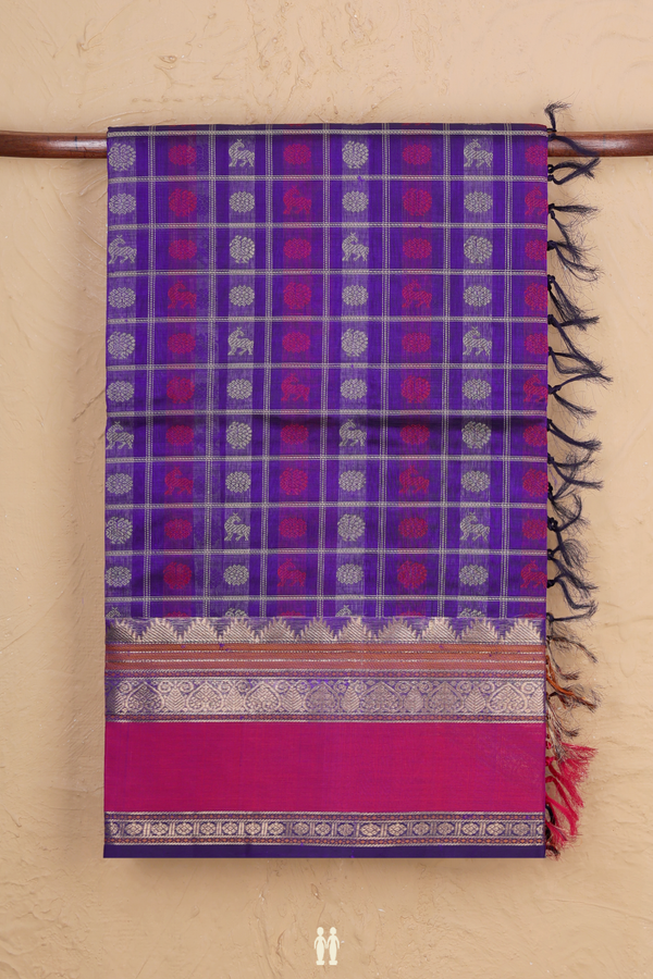 Traditional Silk Cotton Saree In Blue With Checks Design
