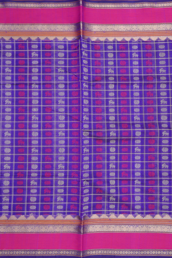 Traditional Silk Cotton Saree In Blue With Checks Design