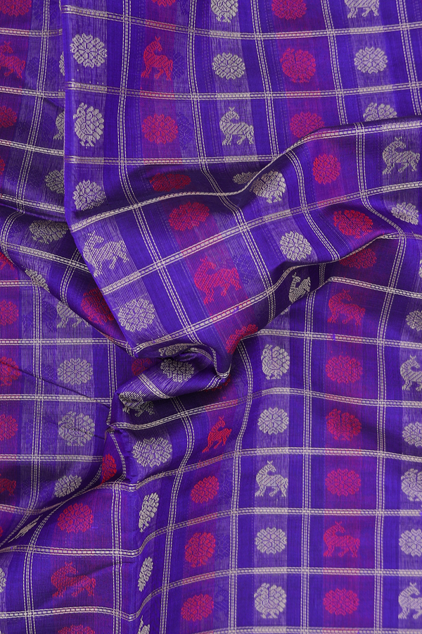 Traditional Silk Cotton Saree In Blue With Checks Design