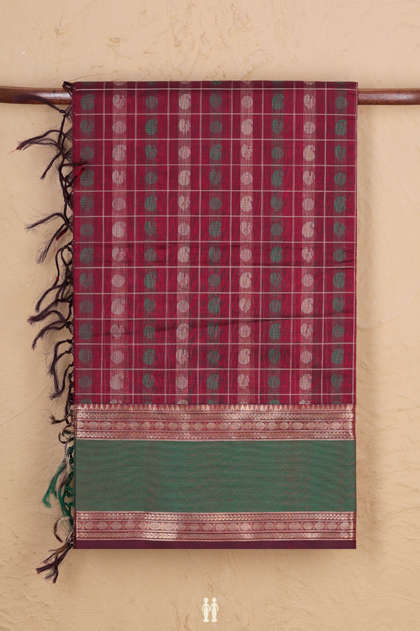 Traditional Silk Cotton Saree In Red With Checks Design