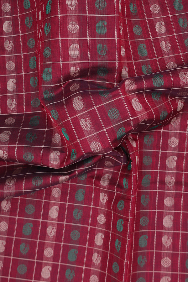 Traditional Silk Cotton Saree In Red With Checks Design