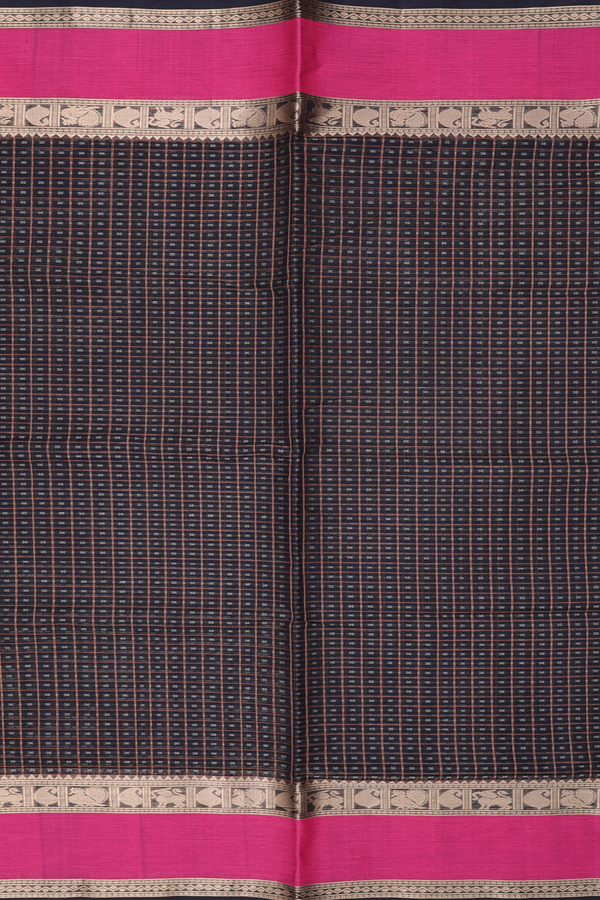 Traditional Silk Cotton Saree In Black With Checks Design