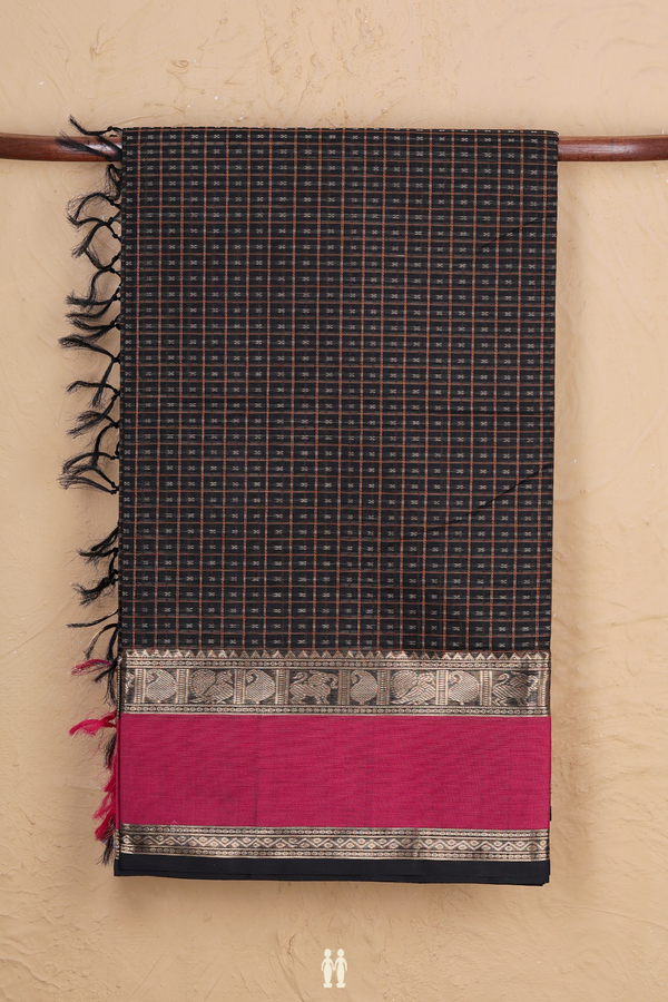 Traditional Silk Cotton Saree In Black With Checks Design