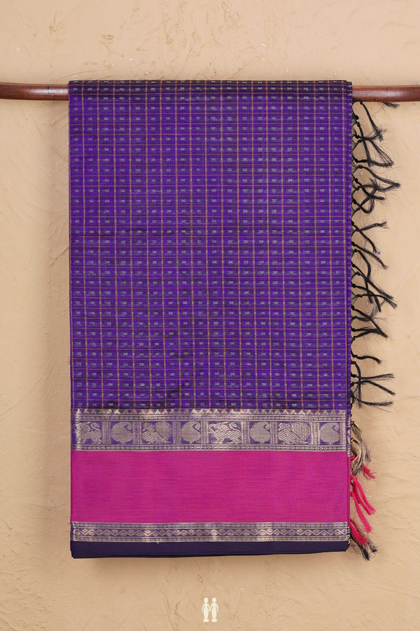 Traditional Silk Cotton Saree In Blue With Checks Design