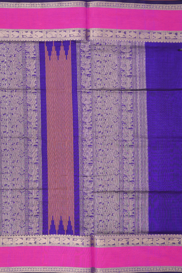 Traditional Silk Cotton Saree In Blue With Checks Design