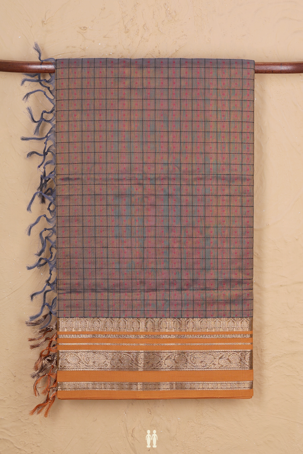 Traditional Silk Cotton Saree In Brown With Checks Design
