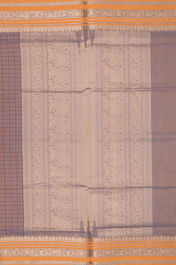 Traditional Silk Cotton Saree In Brown With Checks Design