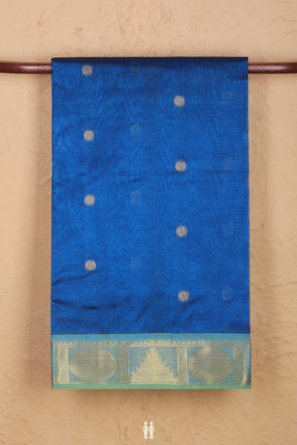 Traditional Silk Cotton Saree In Blue With Rudraksh Buttas
