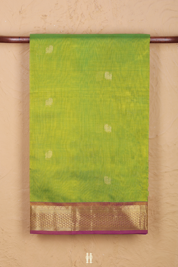 Silk Cotton Saree In Lime Green With Paisley Buttas
