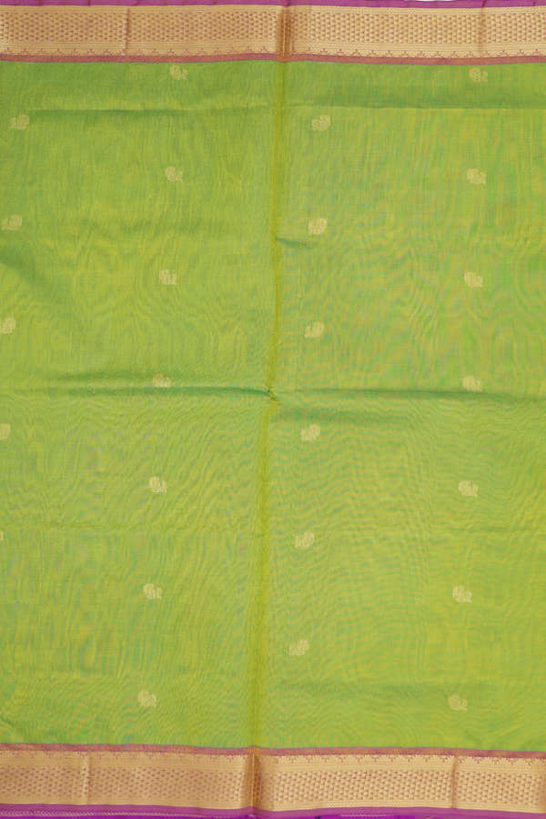 Silk Cotton Saree In Lime Green With Paisley Buttas