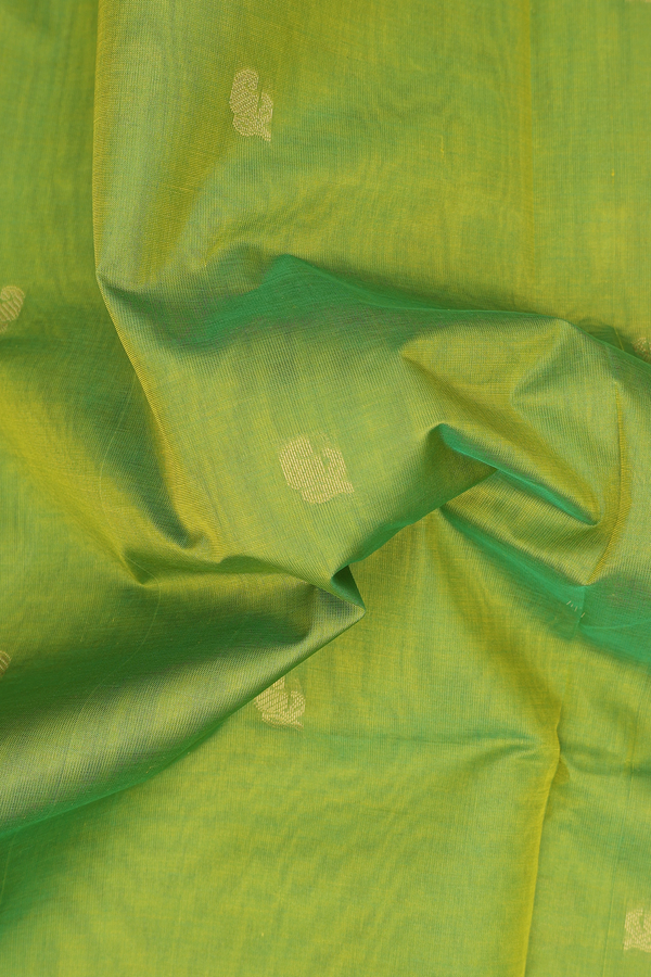 Silk Cotton Saree In Lime Green With Paisley Buttas