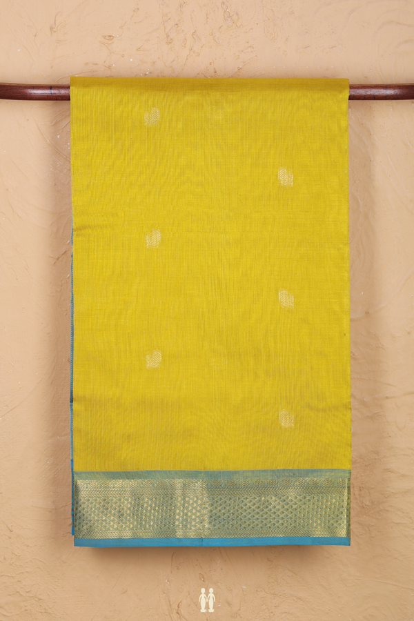 Silk Cotton Saree In Olive Yellow With Paisley Buttis