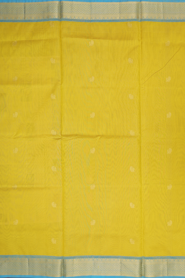 Silk Cotton Saree In Olive Yellow With Paisley Buttis