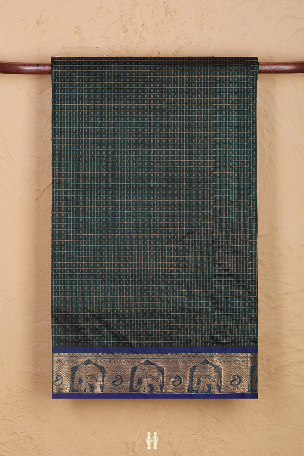 Silk Cotton Saree In Dark Green With Checks Design