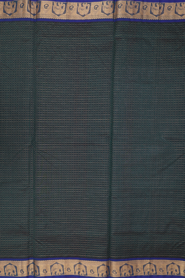 Silk Cotton Saree In Dark Green With Checks Design