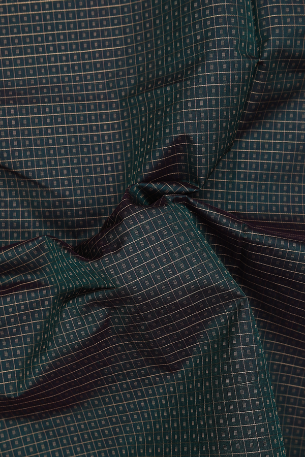 Silk Cotton Saree In Dark Green With Checks Design