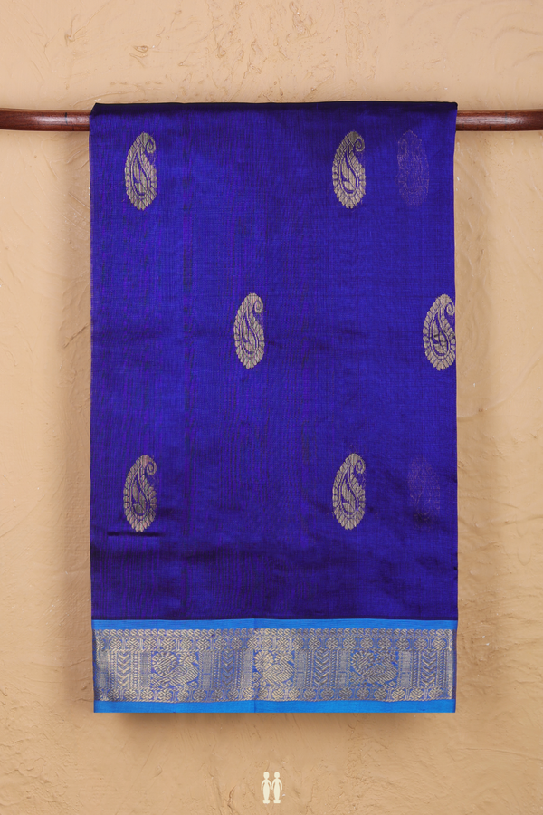 Silk Cotton Saree In Royal Blue With Paisley Motifs