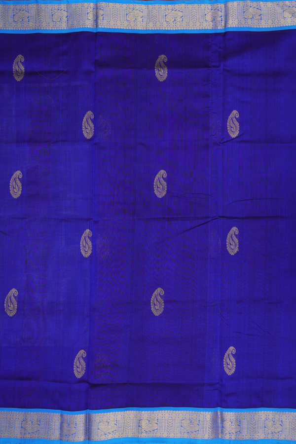 Silk Cotton Saree In Royal Blue With Paisley Motifs
