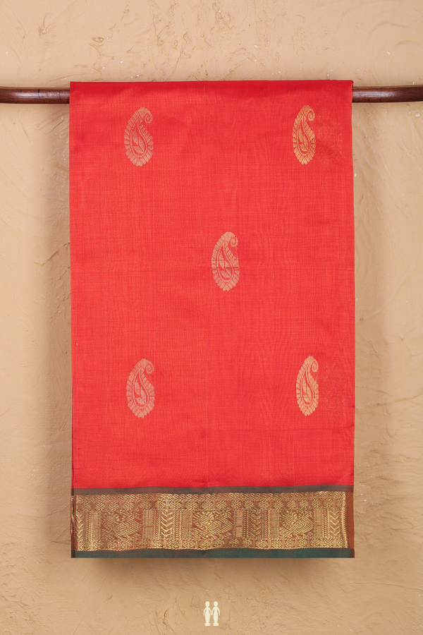 Silk Cotton Saree In Bright Orange With Paisley Motifs