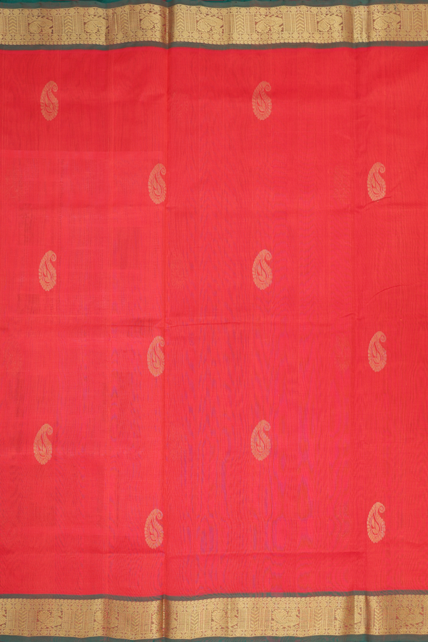 Silk Cotton Saree In Bright Orange With Paisley Motifs