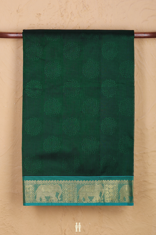Silk Cotton Saree In Dark Green With Threadwork Design