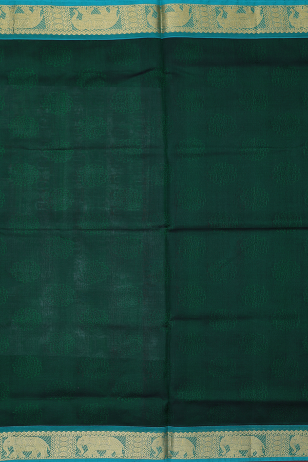 Silk Cotton Saree In Dark Green With Threadwork Design