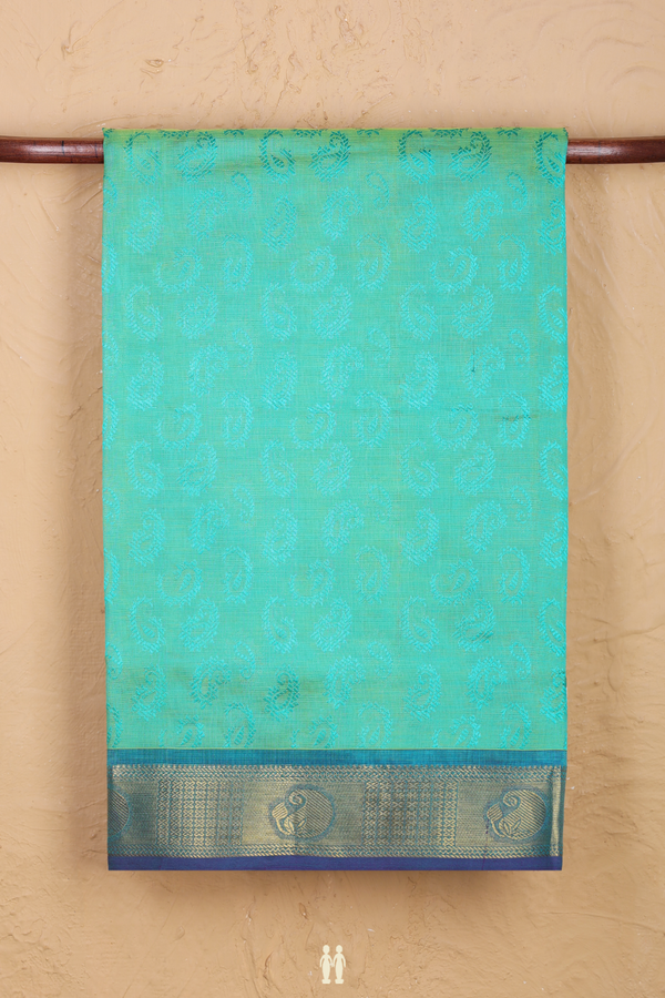Silk Cotton Saree In Green With Paisley Design