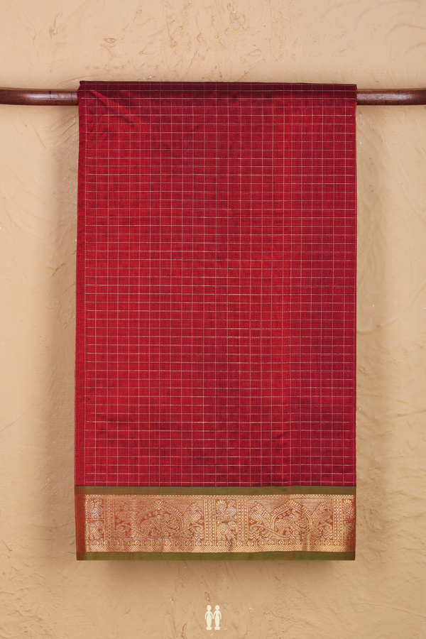 Traditional Silk Cotton Saree In Maroon With Checks Design