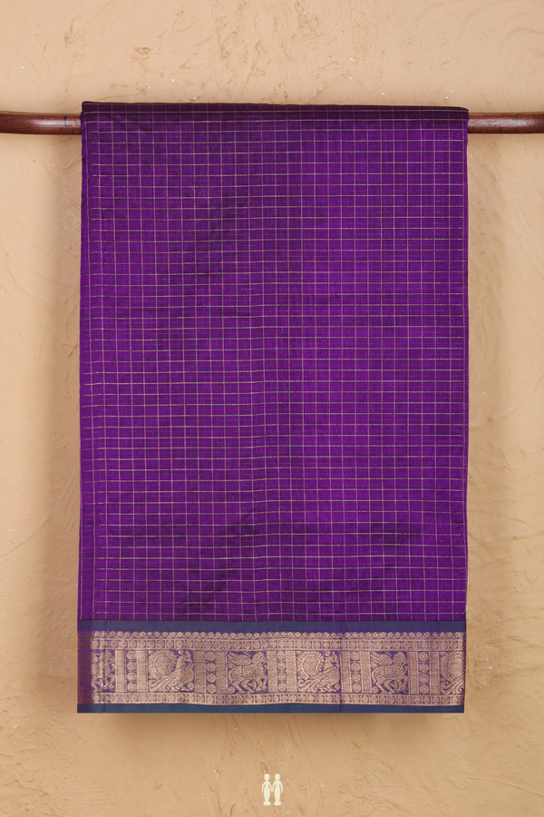 Silk Cotton Saree In Deep Purple With Checks Design