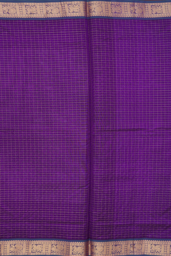Silk Cotton Saree In Deep Purple With Checks Design