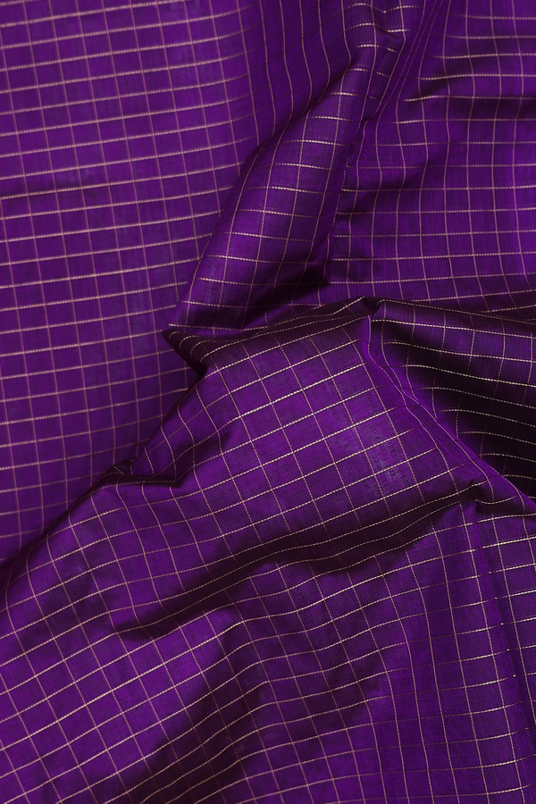 Silk Cotton Saree In Deep Purple With Checks Design