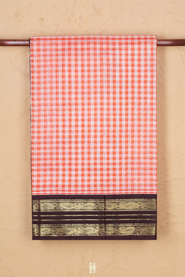 Silk Cotton Saree In Orange And White With Checks Design