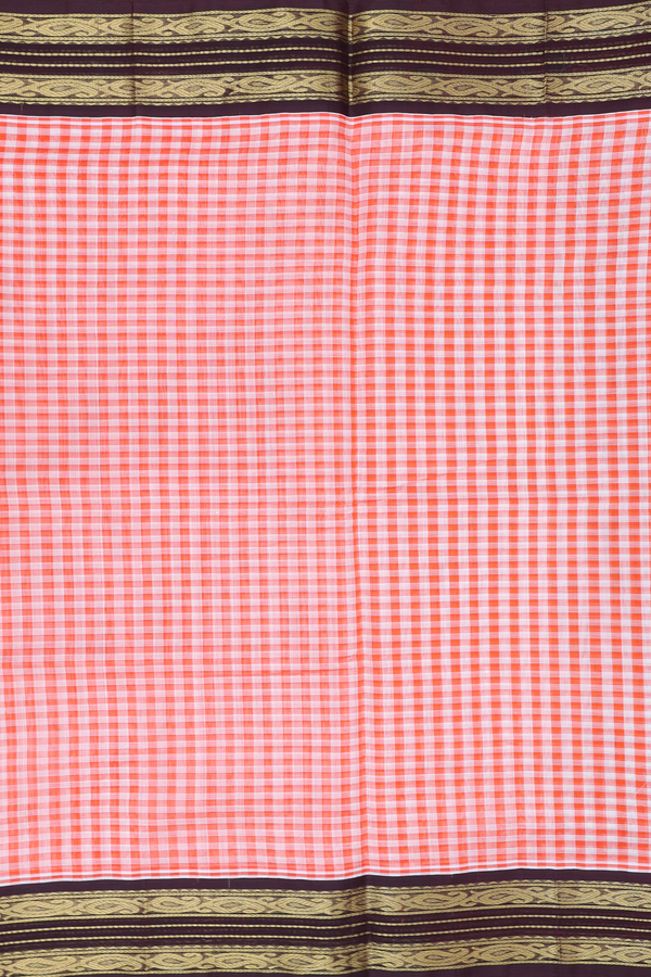 Silk Cotton Saree In Orange And White With Checks Design