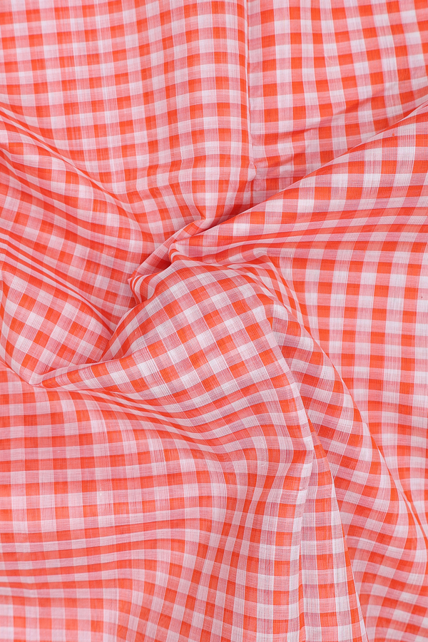 Silk Cotton Saree In Orange And White With Checks Design