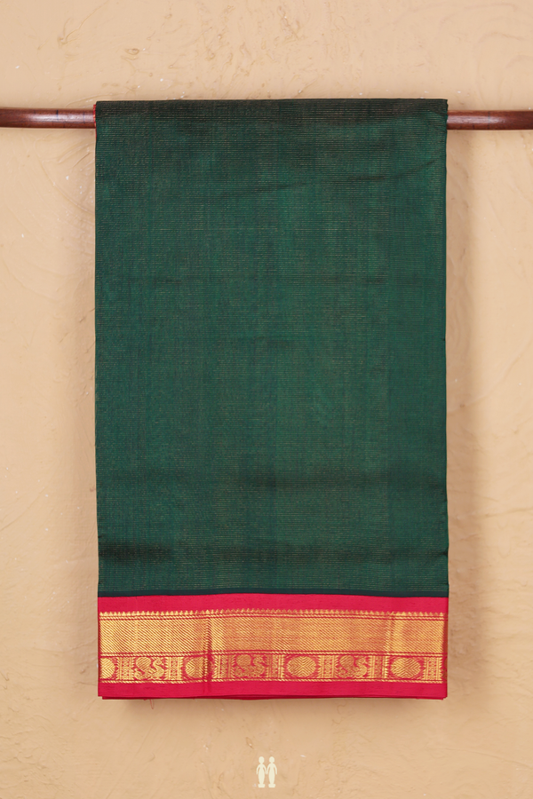 Silk Cotton Saree In Dark Green With Stripes Design