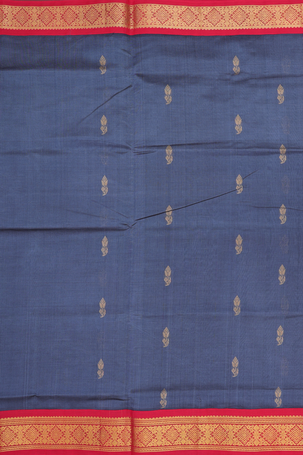 Silk Cotton Saree In Charcoal Grey With Floral Buttas