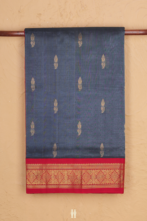 Silk Cotton Saree In Charcoal Grey With Floral Buttas