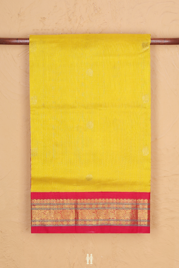 Silk Cotton Saree In Yellow With Rudraksh Buttas