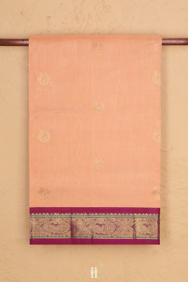 Silk Cotton Saree In Orange With Peacock Buttas