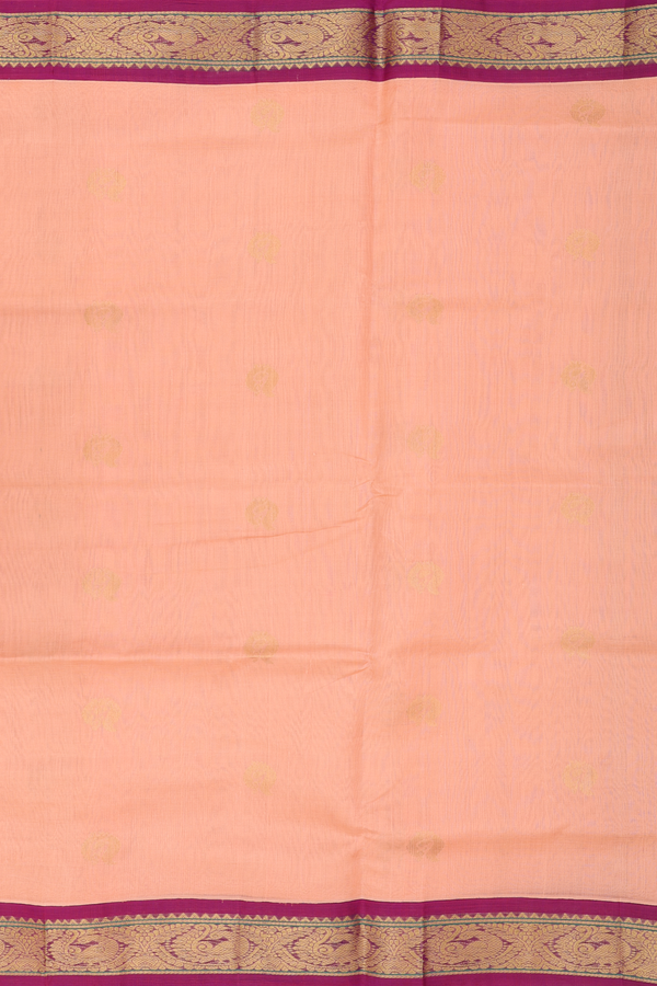 Silk Cotton Saree In Orange With Peacock Buttas