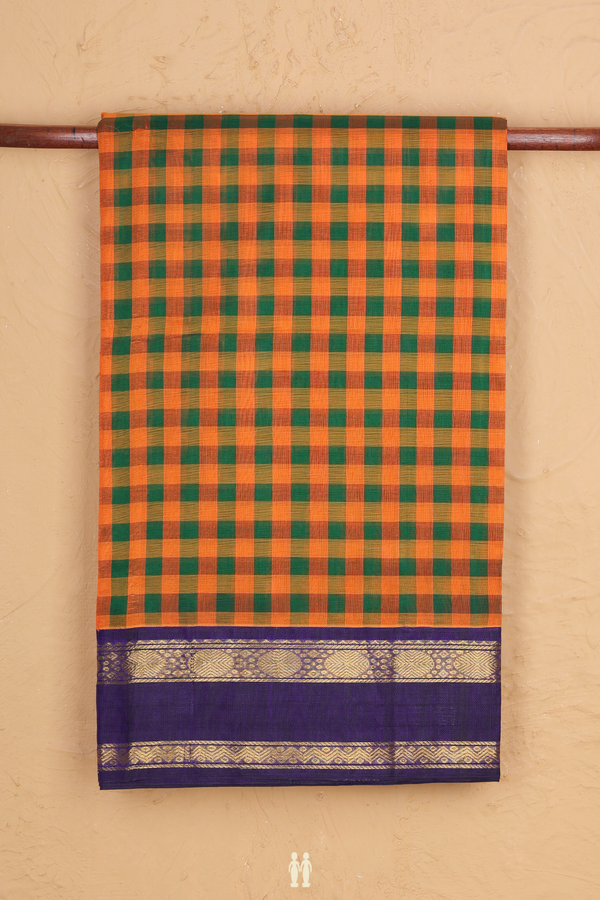 Silk Cotton Saree In Green And Orange With Checks Design