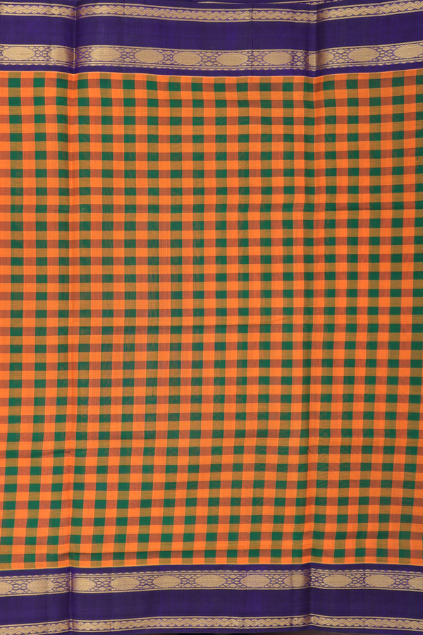 Silk Cotton Saree In Green And Orange With Checks Design